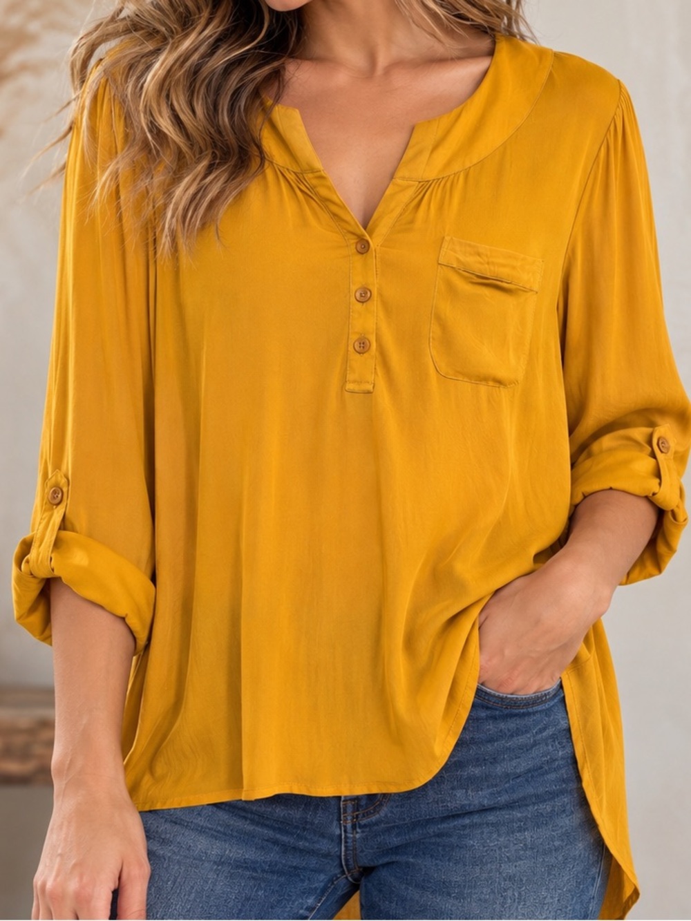 Camber & Grace Mustard Yellow Henley Tunic Blouse High Low Roll Tab M